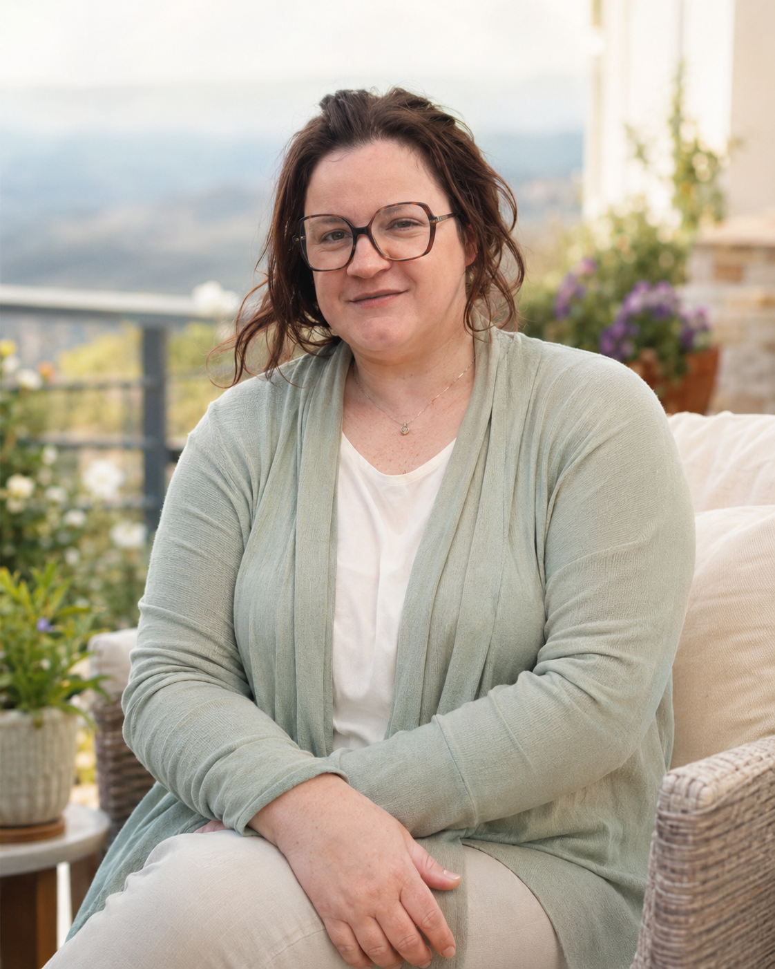 Laury dans un cadre extérieur chaleureux et naturel
