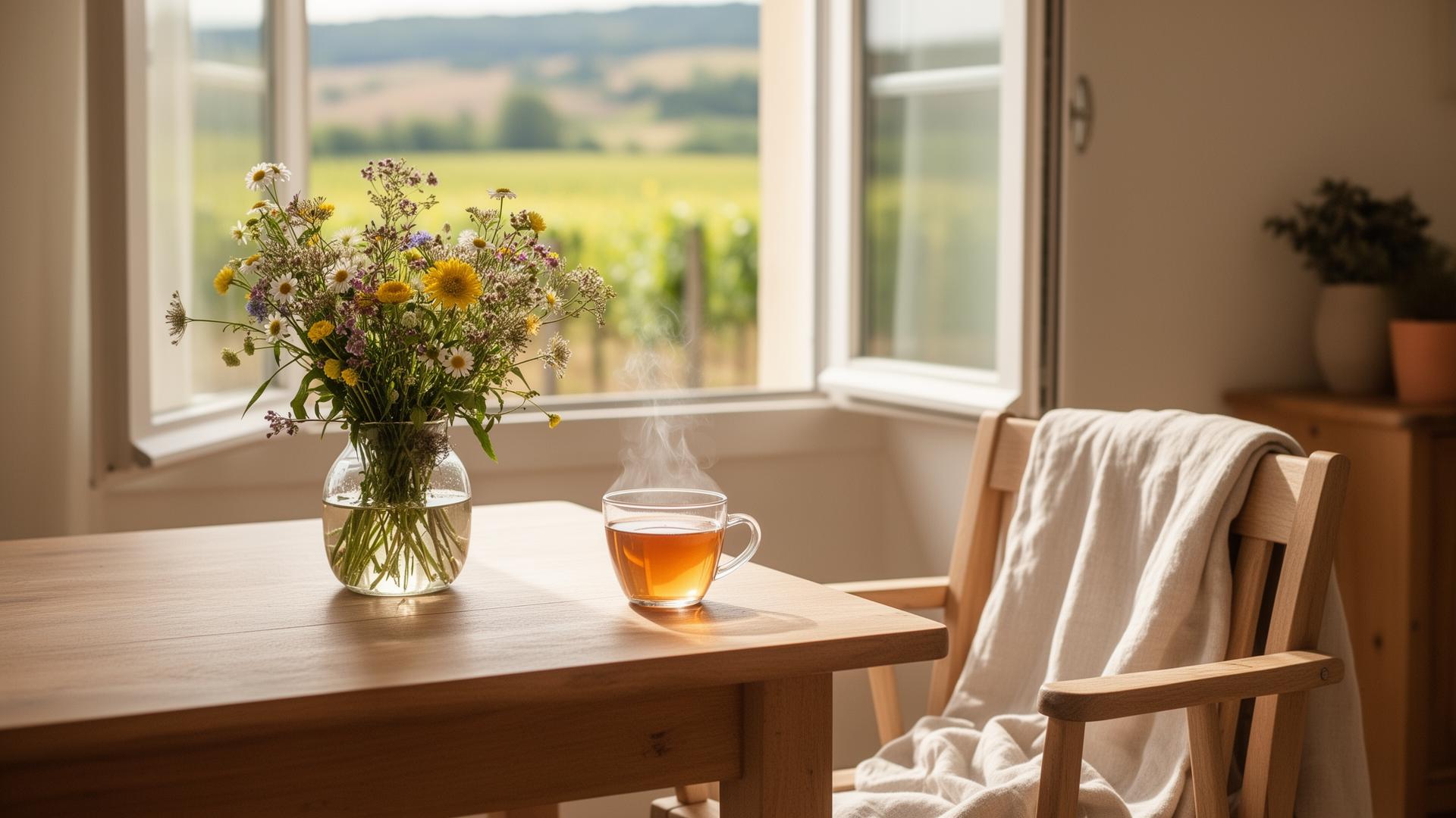 Intérieur chaleureux baigné de lumière naturelle, bouquet de fleurs sauvages et tasse de thé fumante devant une fenêtre ouverte sur les vignes du Beaujolais